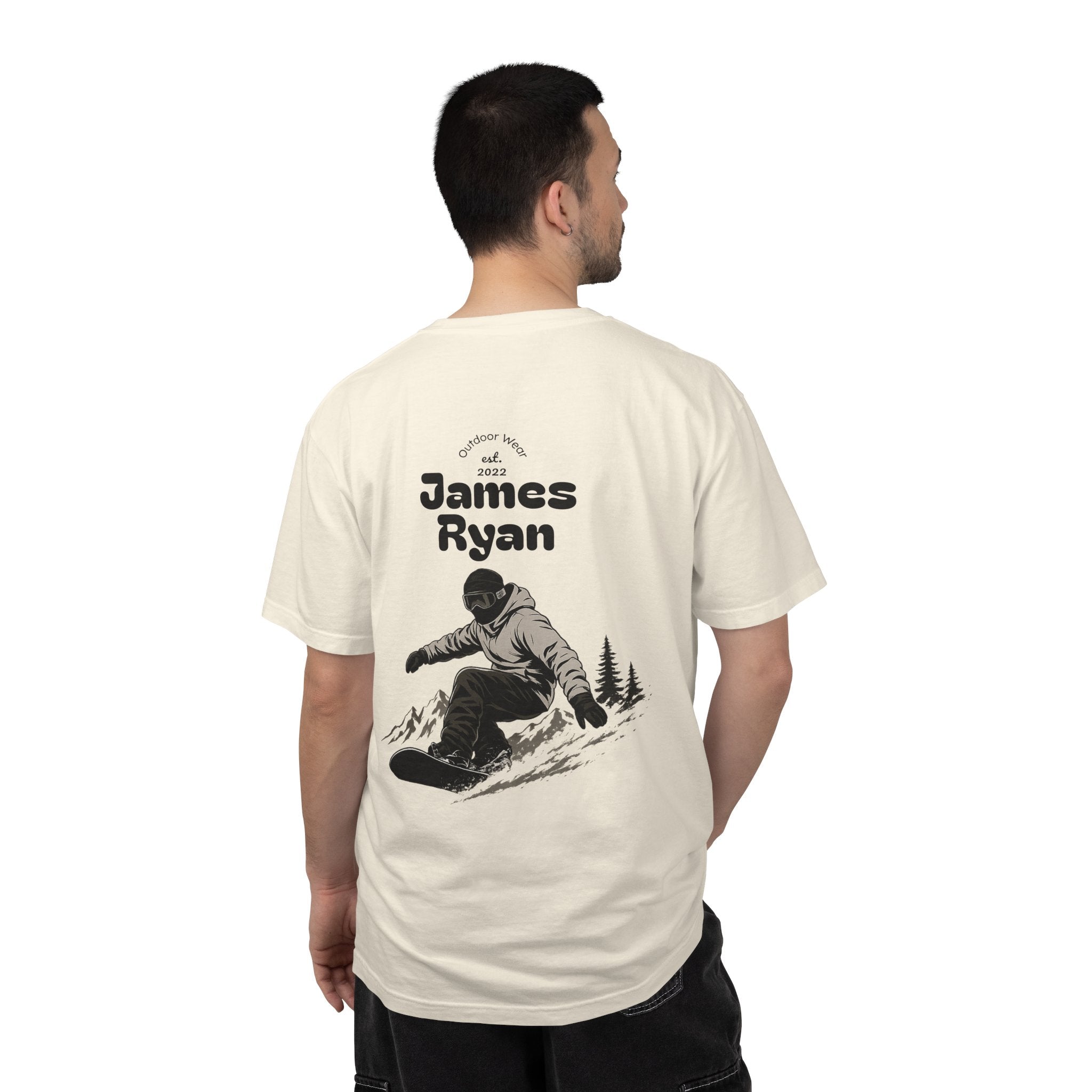 Snowboarder Personalized T-Shirt — 'James Ryan' Back Graphic