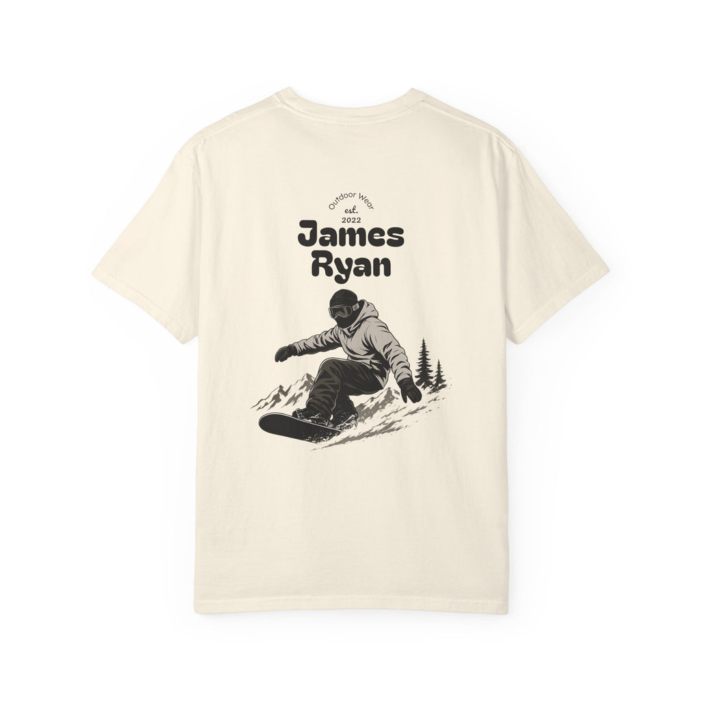 Snowboarder Personalized T-Shirt — 'James Ryan' Back Graphic