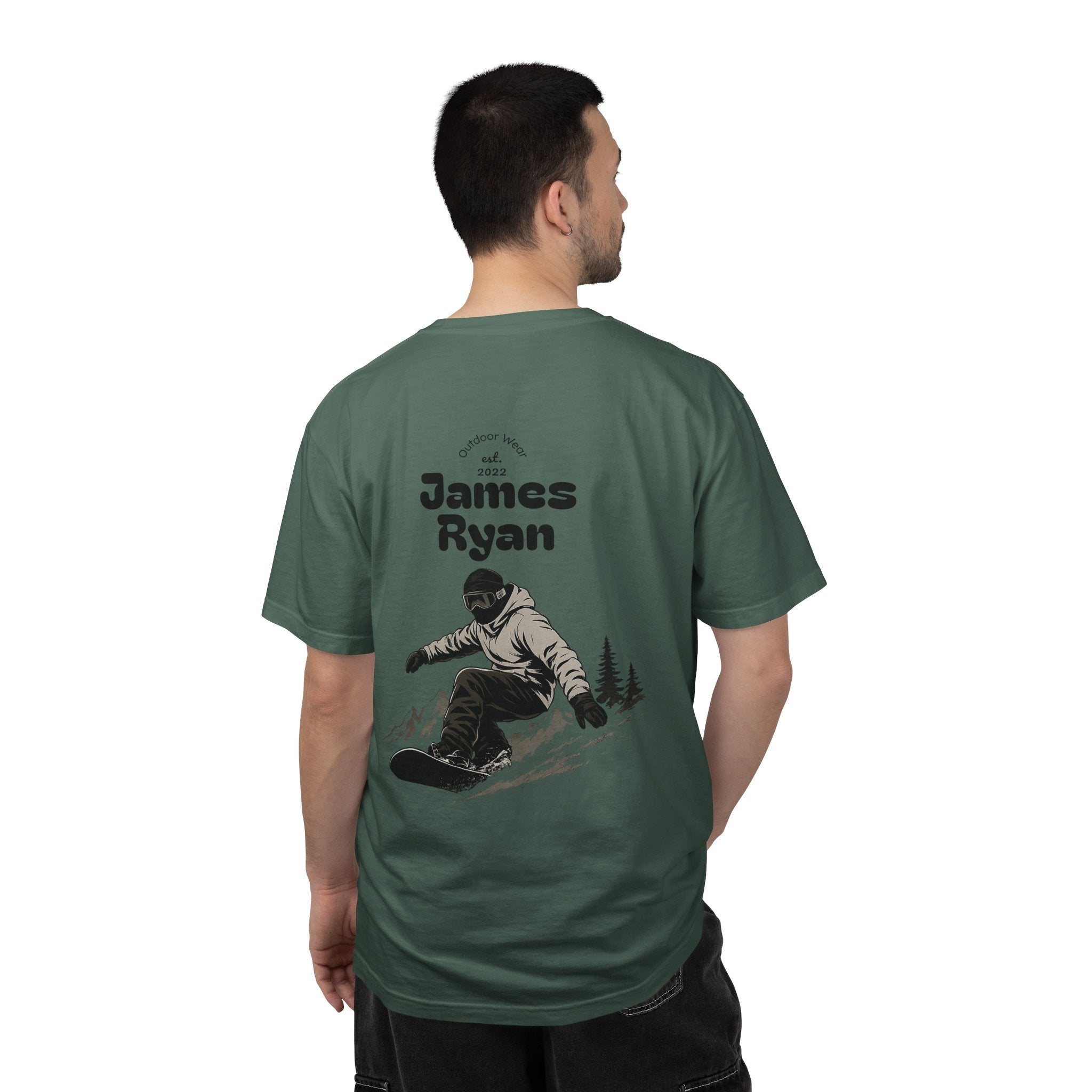 Snowboarder Personalized T-Shirt — 'James Ryan' Back Graphic