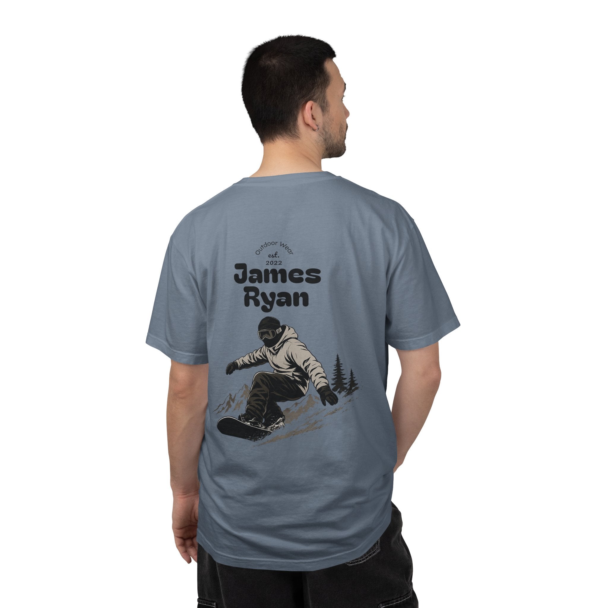 Snowboarder Personalized T-Shirt — 'James Ryan' Back Graphic